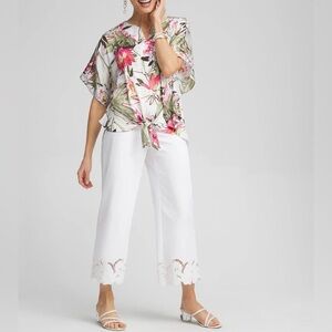 Chico's Tie Front Women's Blouse
Pink Tropical Print Size 1.5